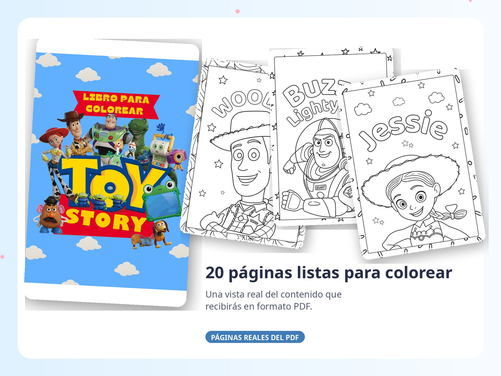 Vista real del Libro para colorear Toy Story con portada y páginas interiores