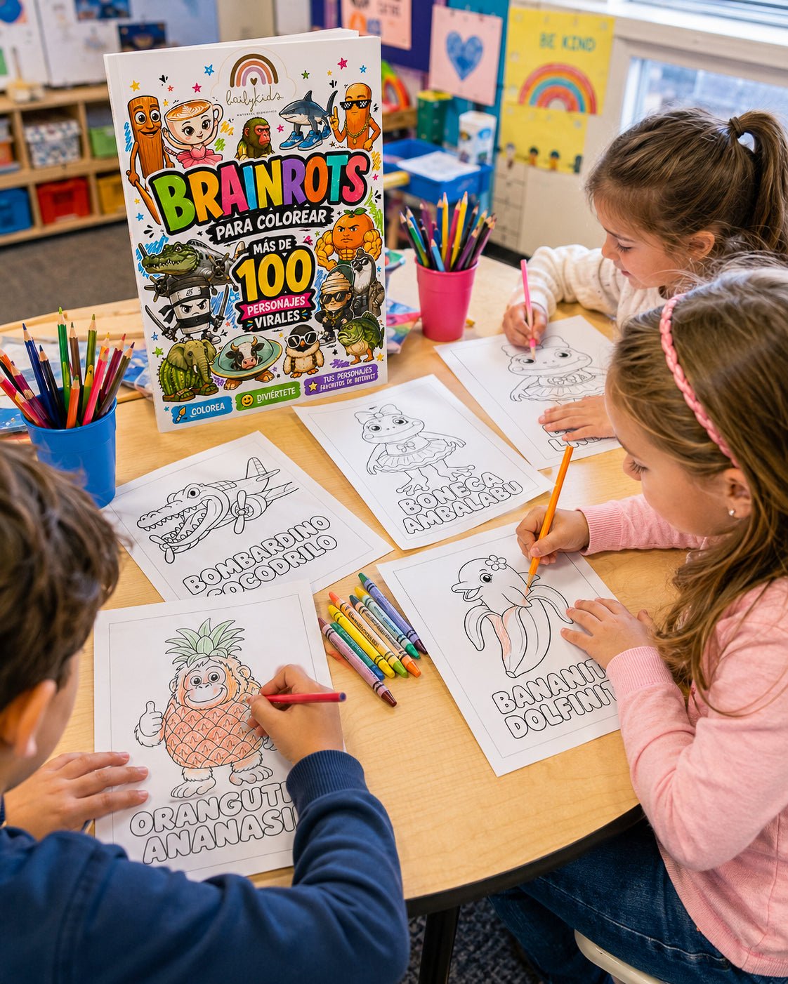 Niño coloreando una página de Brainrots