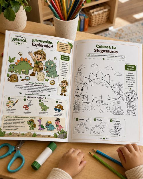 Páginas imprimibles del kit Expedición Jurásica con dinosaurios para colorear y recortar