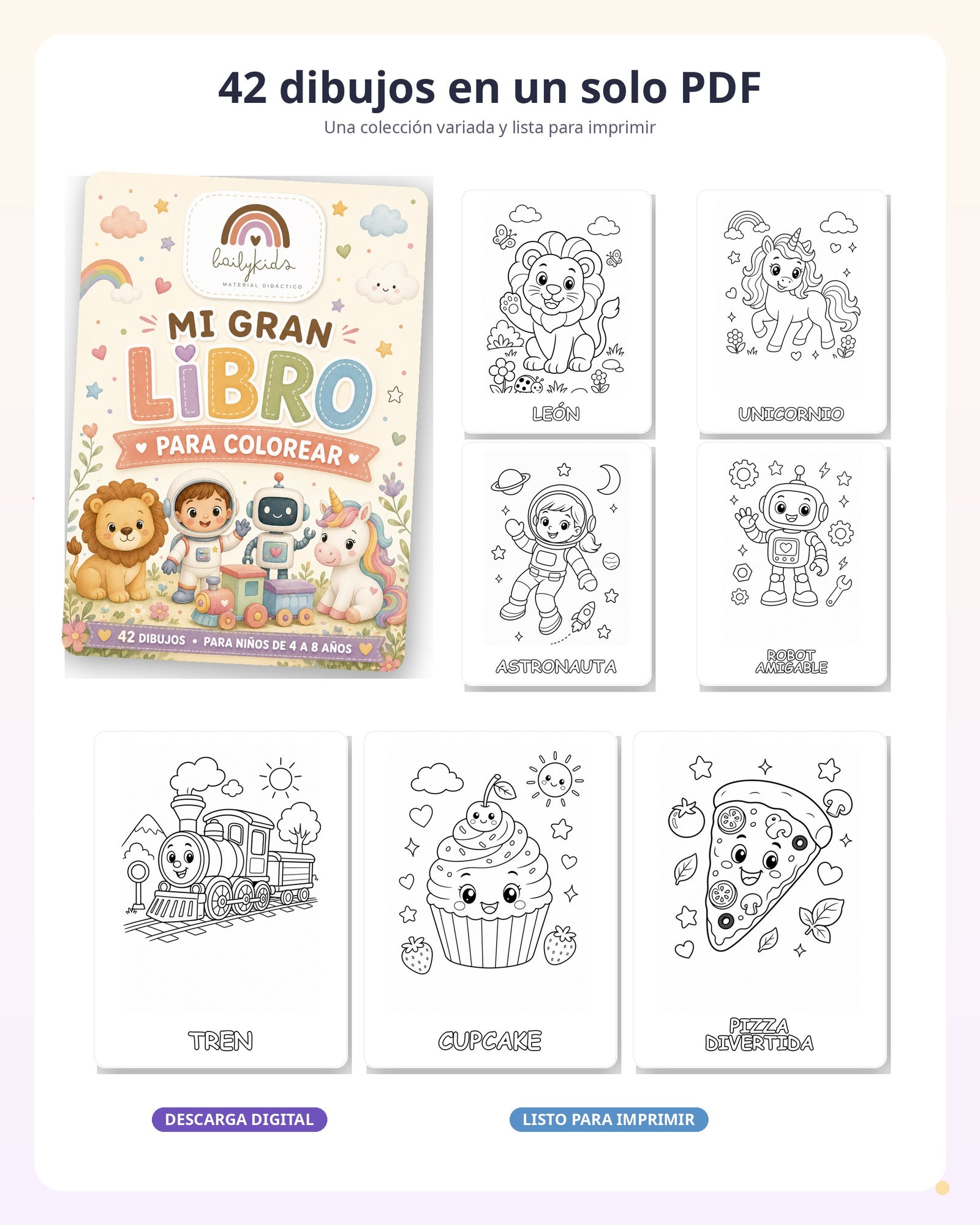 Resumen de los 42 dibujos incluidos en Mi Gran Libro para Colorear